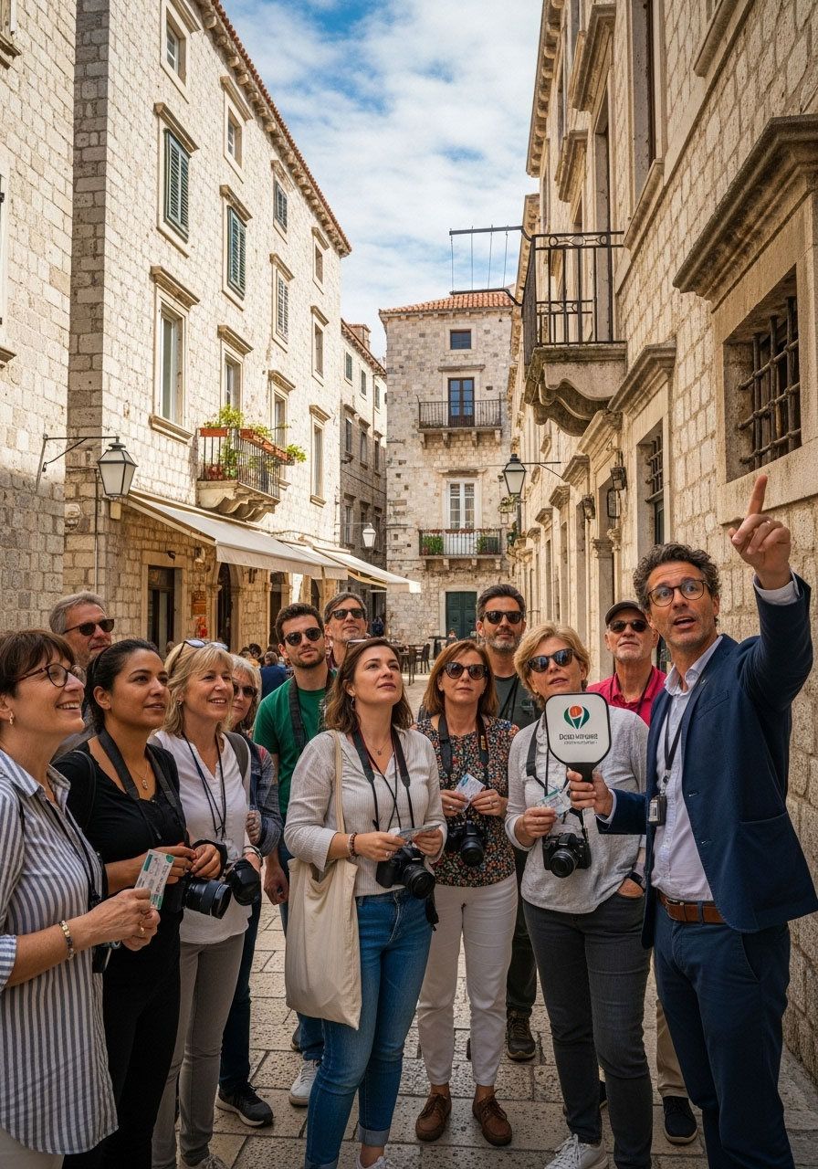 Group enjoying historical walking tour with guide as Christmas local experience gift