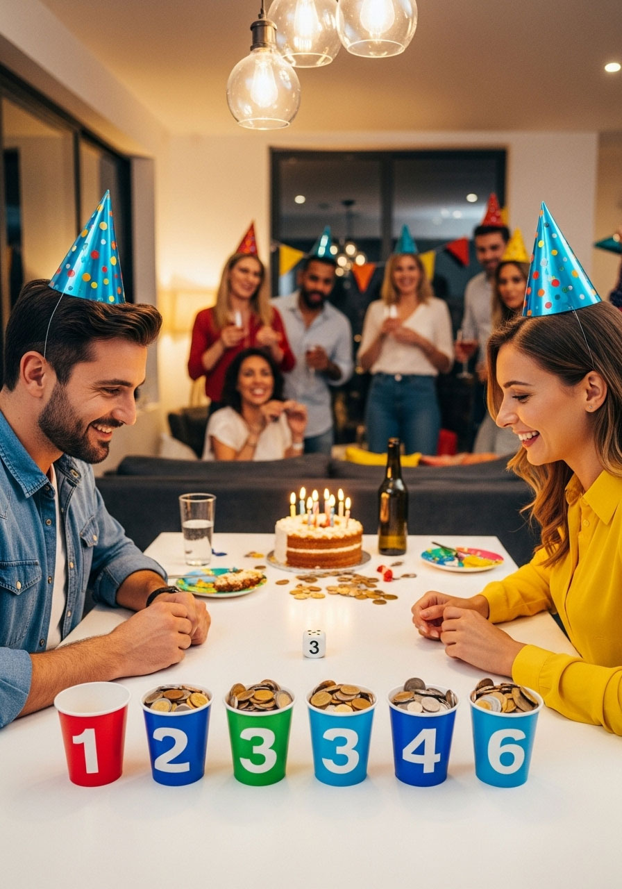Two adults playing Lucky Roller dice game with numbered cups and coins at birthday party