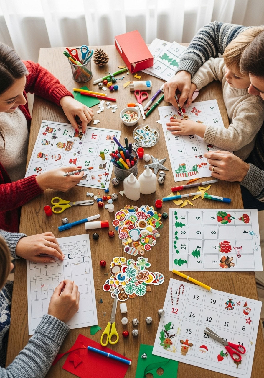 Family crafting Christmas countdown calendars together at table with craft supplies on Thanksgiving morning