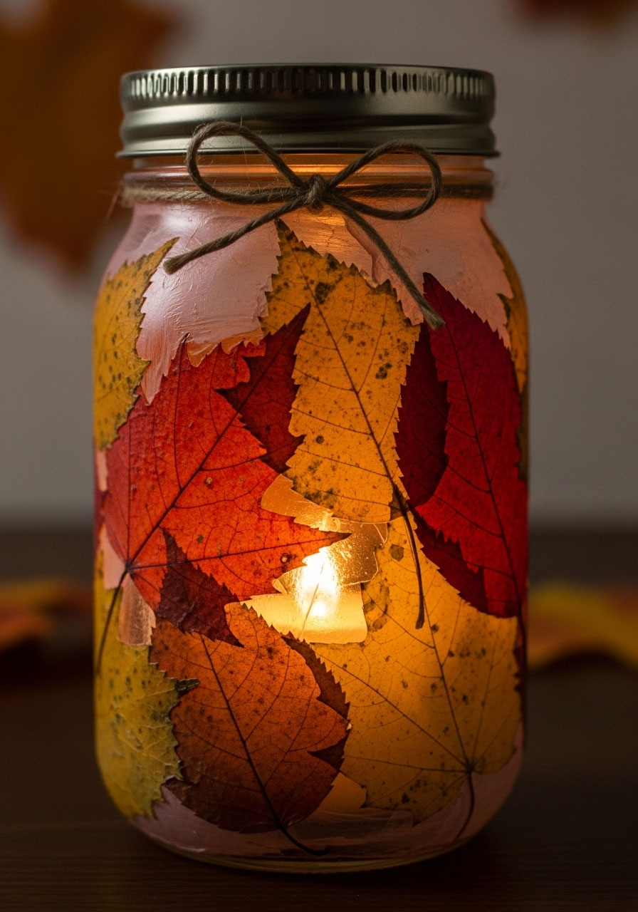 Maple leaf mason jar craft decorated with real autumn leaves for children