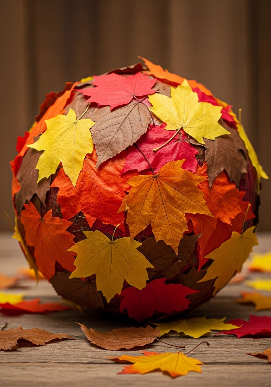Maple tree leaf globe craft made with paper mache and autumn leaves for kids