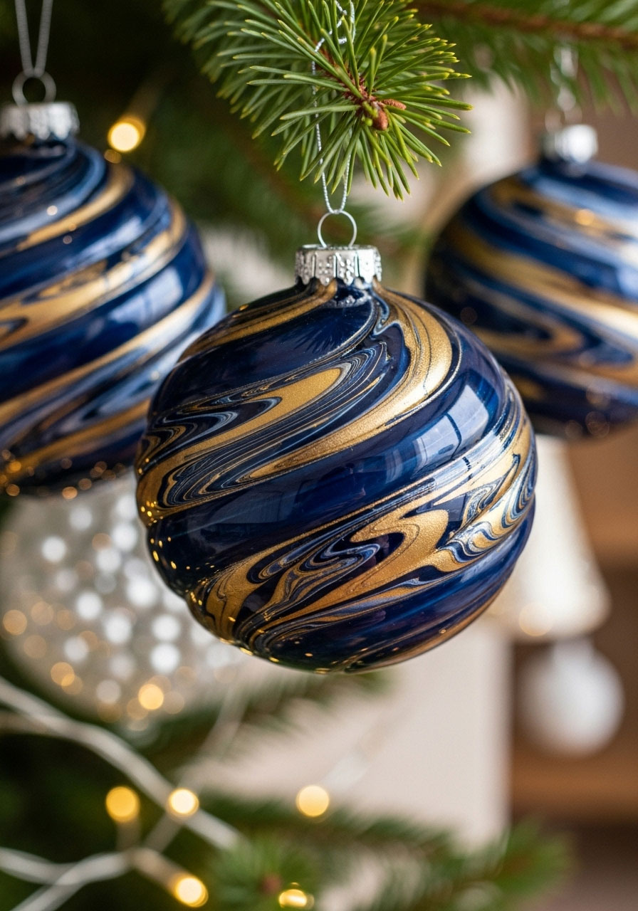 Marbled glass ornaments DIY adult Christmas craft, unique swirled paint designs for handmade tree decorations