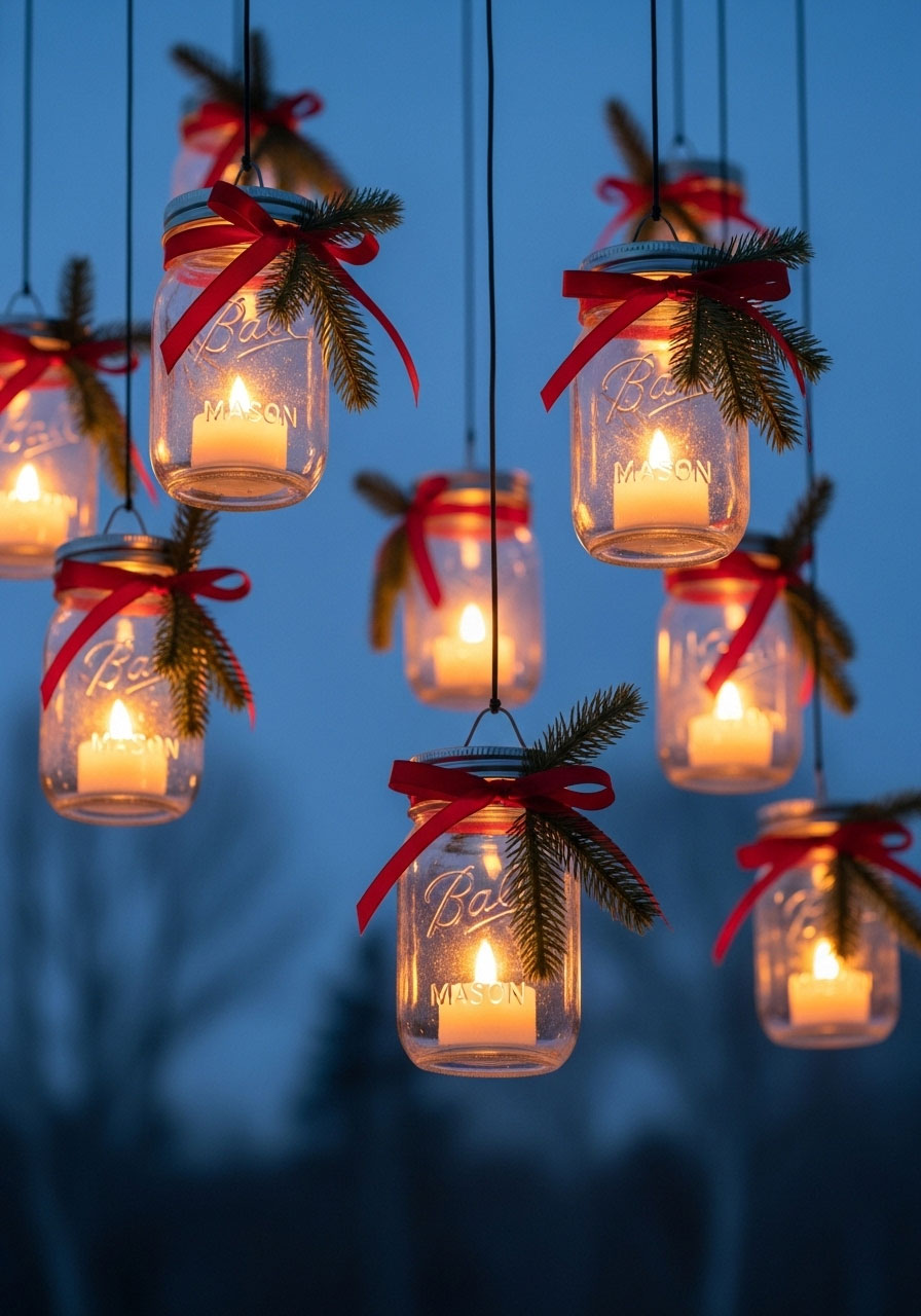 Mason jar Christmas lanterns DIY adult craft, frosted glass hanging lights for outdoor holiday decoration