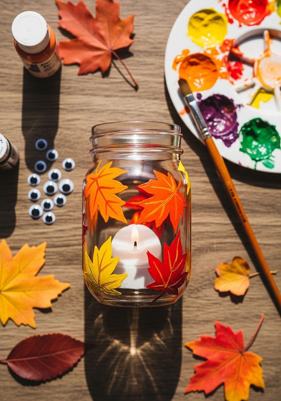 Mason jar fall luminaries craft with painted autumn leaves and glowing tea light for kids