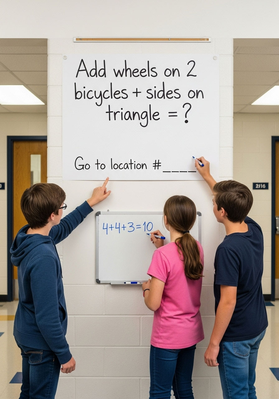 Teenagers solving math brain buster puzzle to find next scavenger hunt location
