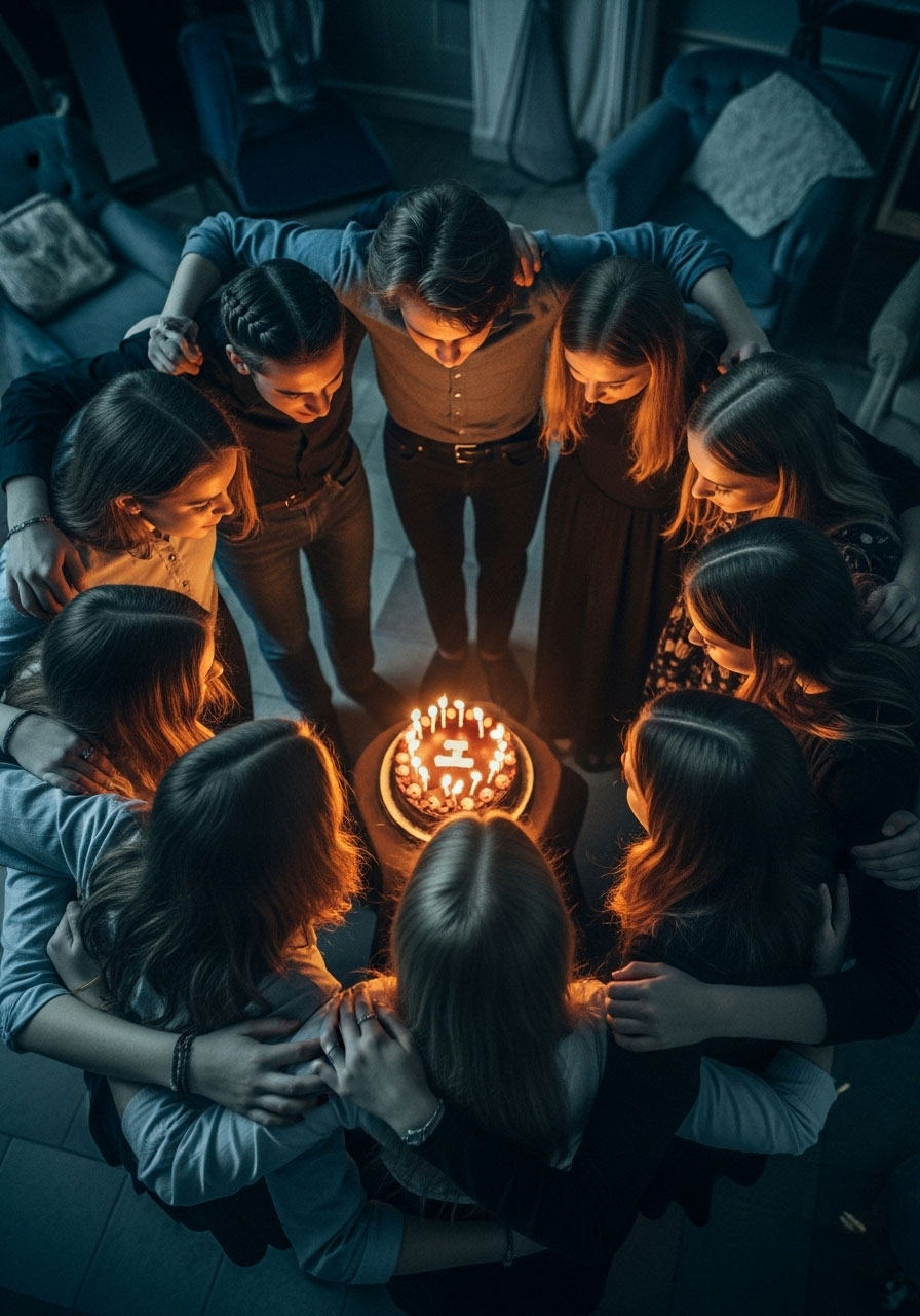 Teenagers in circle playing Medusa stare-down elimination party game