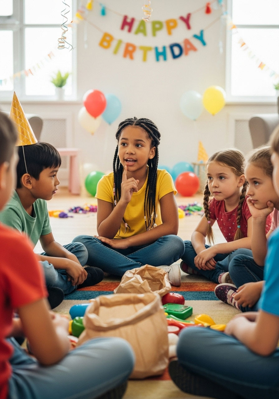 Kids in circle playing memory grocery list game at indoor birthday party
