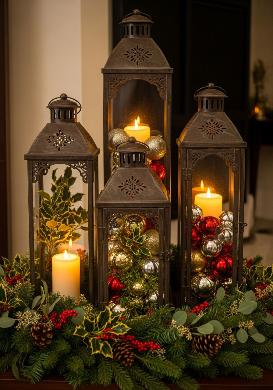 Christmas metal lantern grouping centerpiece with candles and fresh garland at bases
