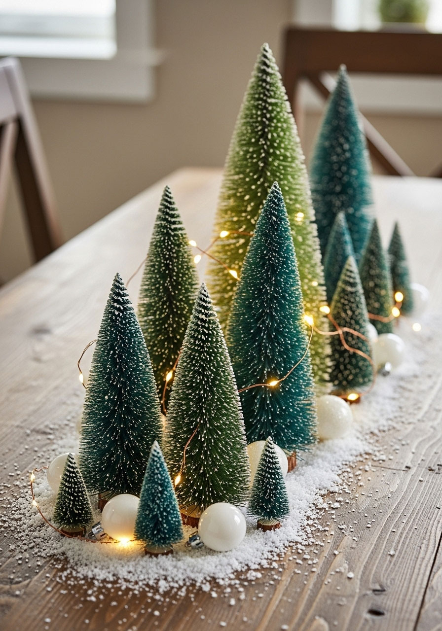 Christmas tree forest centerpiece with varying height mini trees, snow and LED lights