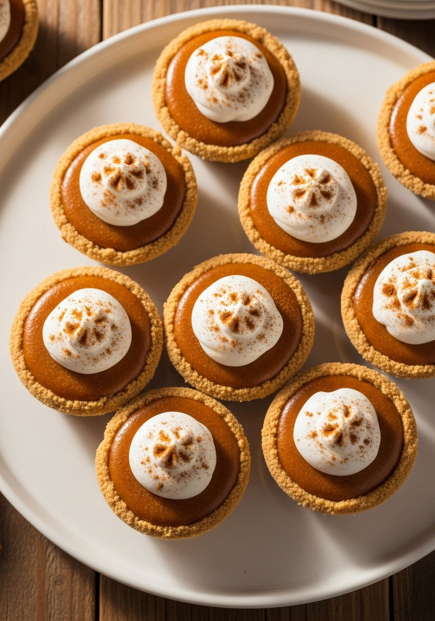 Mini pumpkin pie bites in graham cracker crusts with whipped cream for Thanksgiving classroom dessert treats