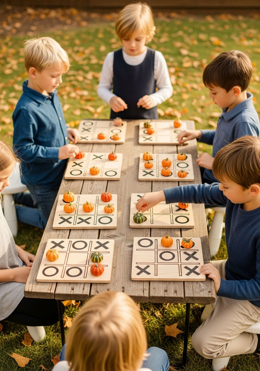 Portable mini pumpkin tic-tac-toe board game with small pumpkin pieces for kids