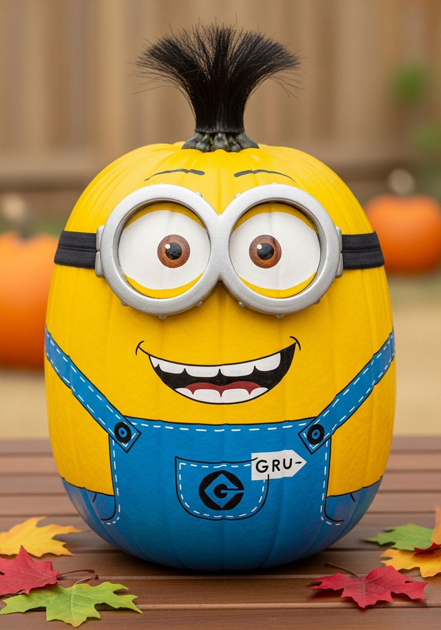 Fun Minion pumpkin with goggles and overalls showing popular character craft for movie-loving kids