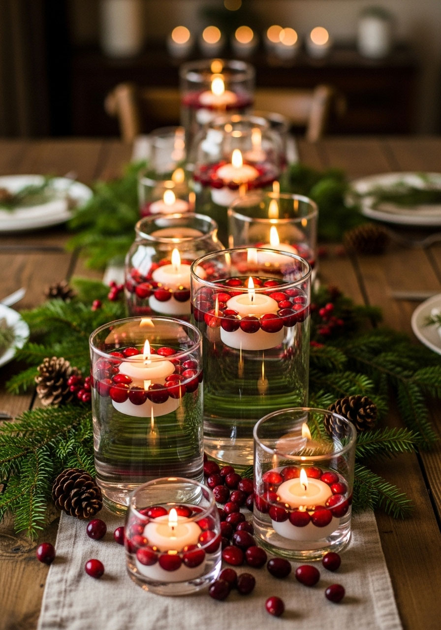 Easy Christmas centerpiece with various glass containers filled with floating cranberries and candles