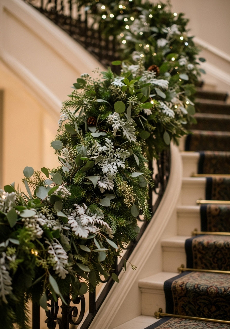 Finished mixed greenery garland on staircase showing layered textured greenery types