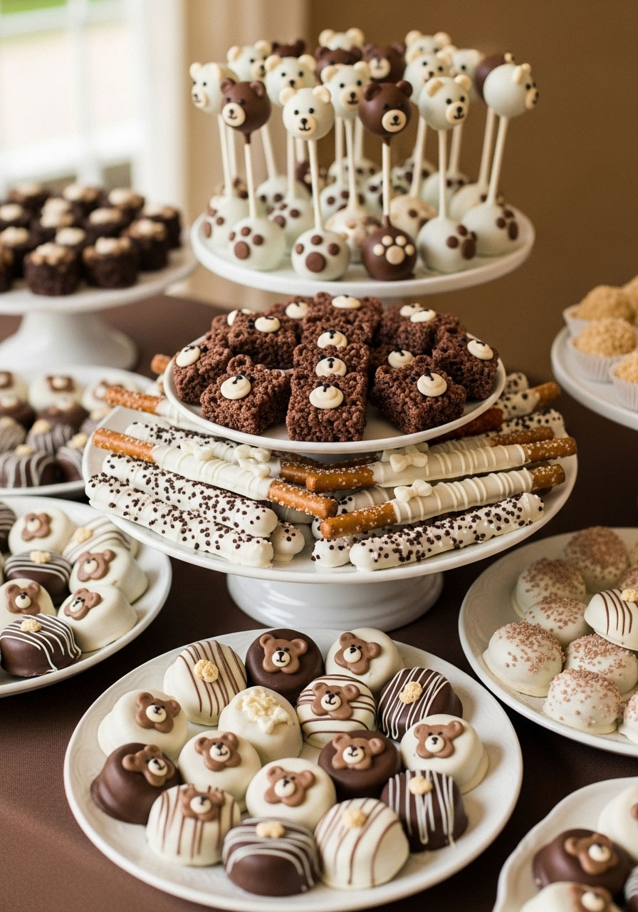 Tiered dessert table with cake pops rice krispie treats pretzels and Oreos in teddy bear baby shower theme