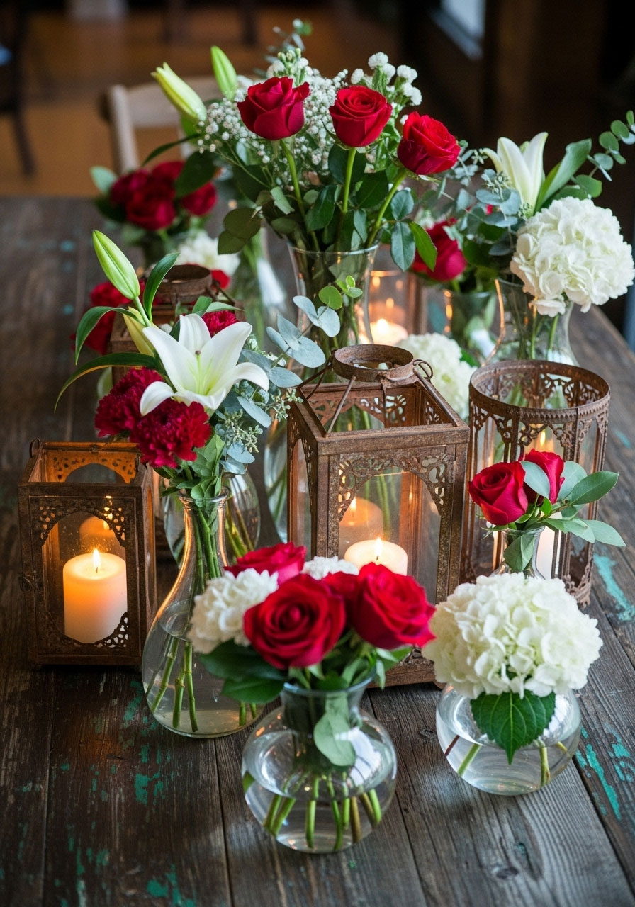 Holiday centerpiece display mixing glass vases with flowers and rustic metal lanterns with candles