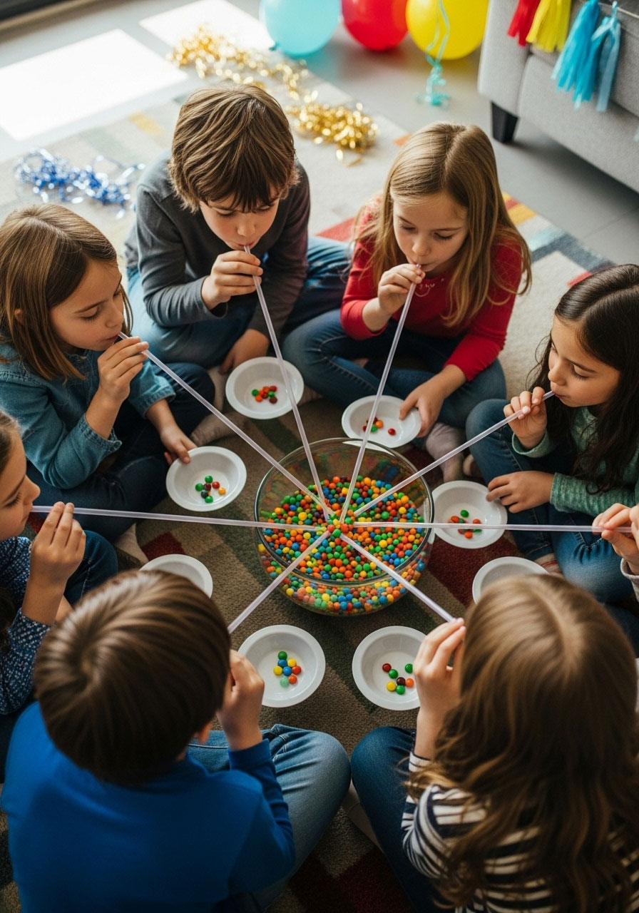 Kids using straws to transfer M&Ms during minute to win it birthday party game