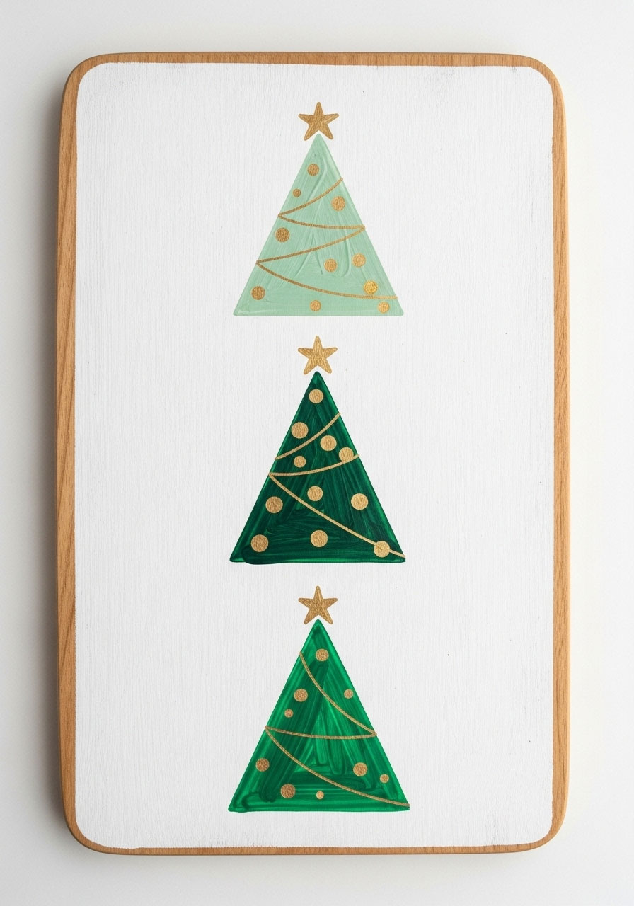Modern geometric Christmas trees on Dollar Tree cutting board with metallic gold stars for contemporary holiday decor