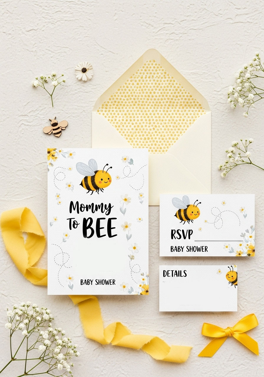 Mommy to Bee themed baby shower invitation with cute bee illustration and playful text