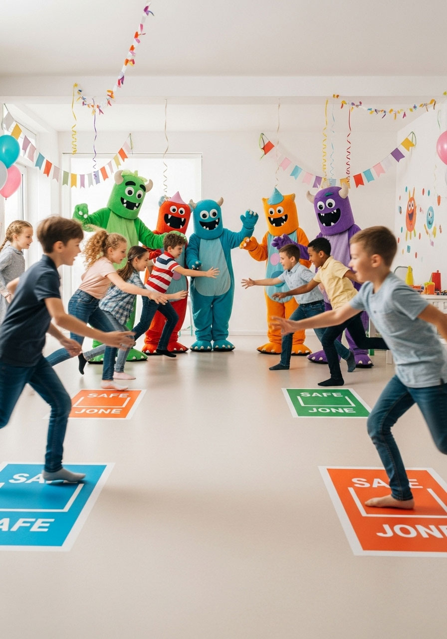 Children running from monsters during sharks and minnows game at indoor birthday party