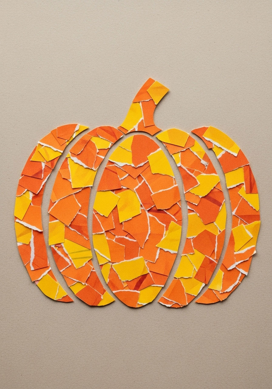 Mosaic pumpkin craft filled with torn paper pieces for kids