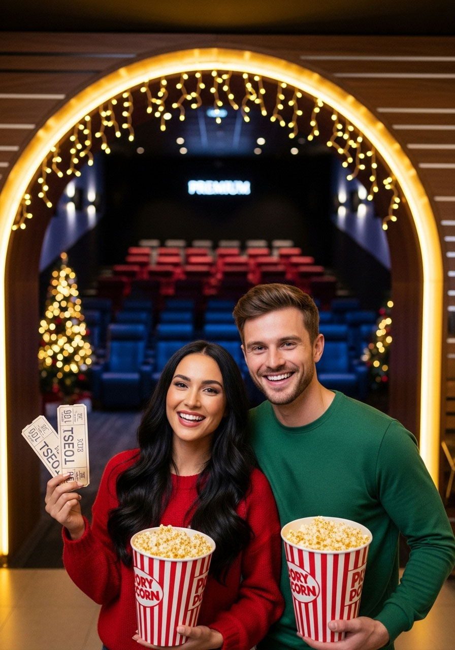 Couple enjoying movie night experience gift with tickets and snacks at cinema for Christmas