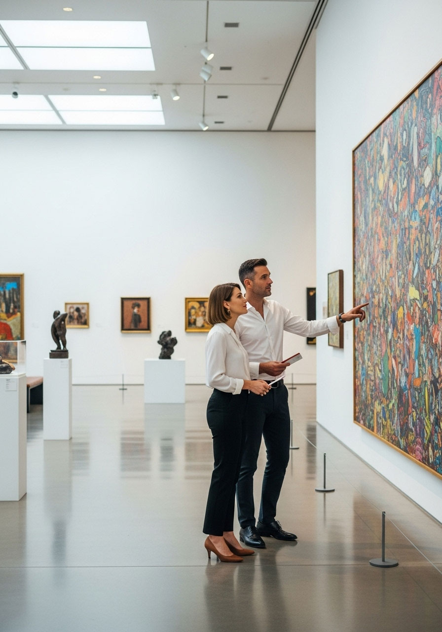 Couple viewing art with museum admission tickets as Christmas cultural experience gift