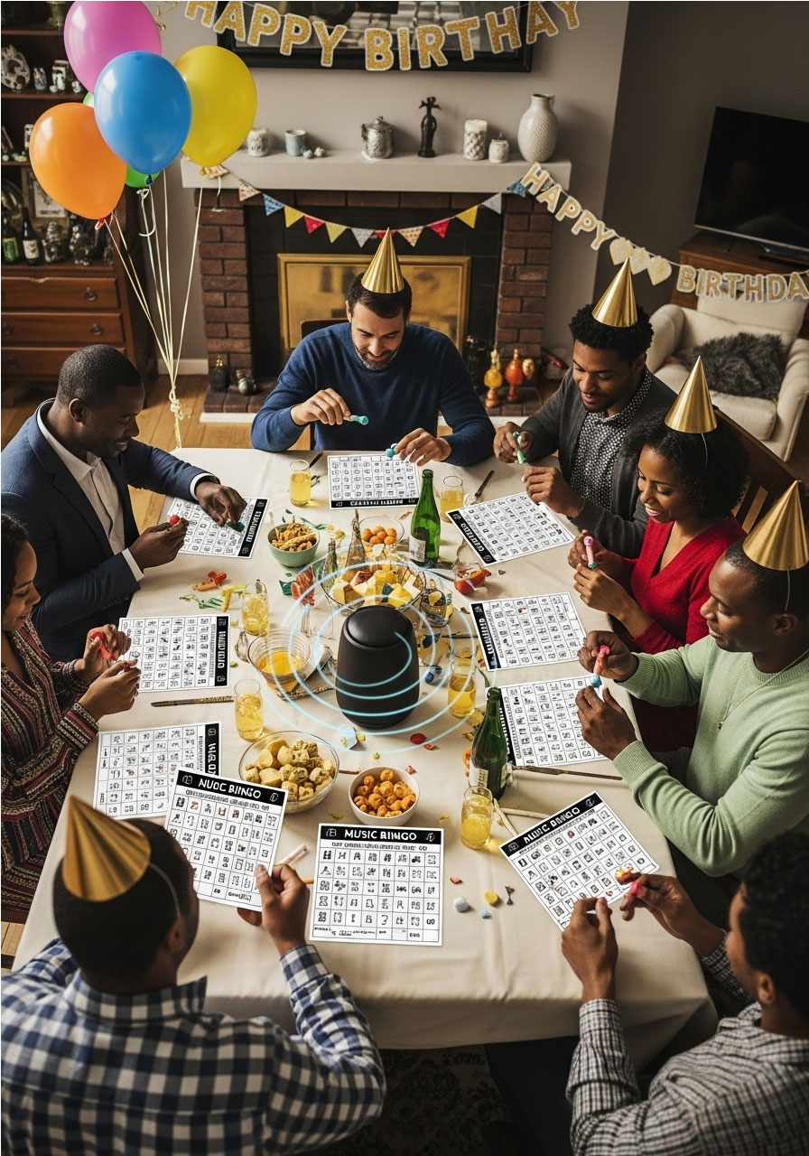 Adults playing music bingo with printed cards and daubers listening to songs at birthday celebration
