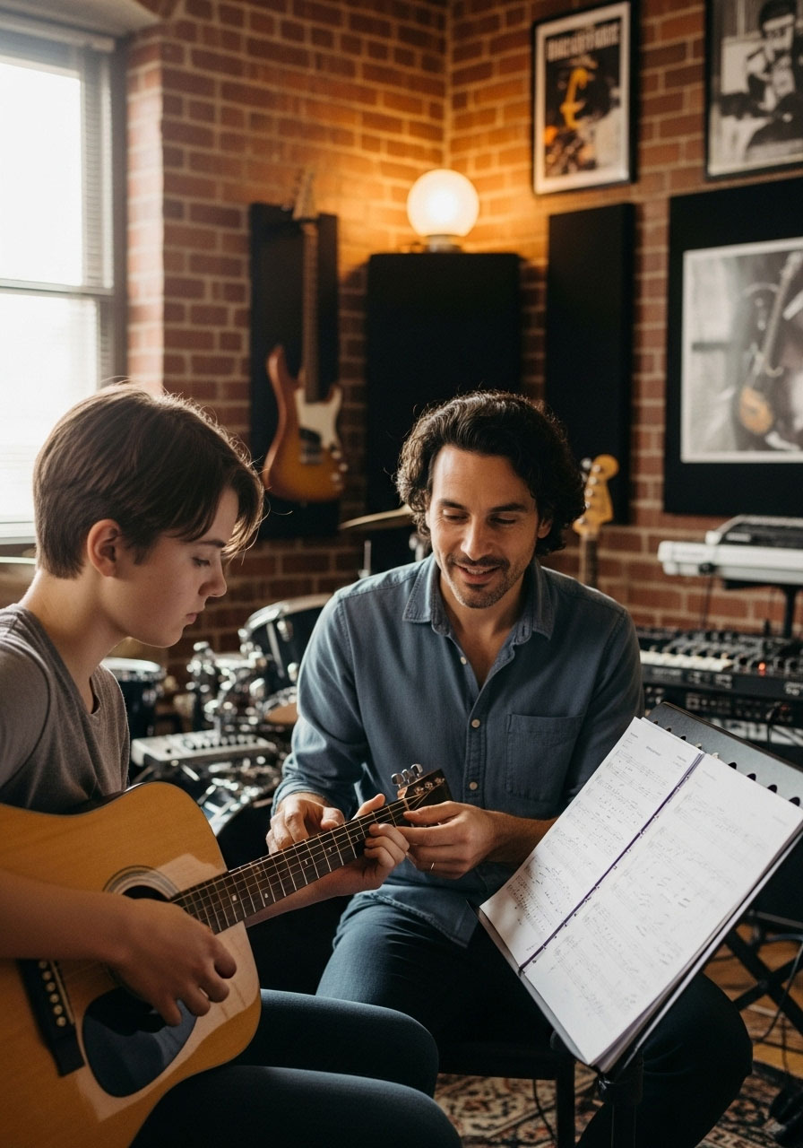 Student taking guitar music lessons with instructor as Christmas learning experience gift