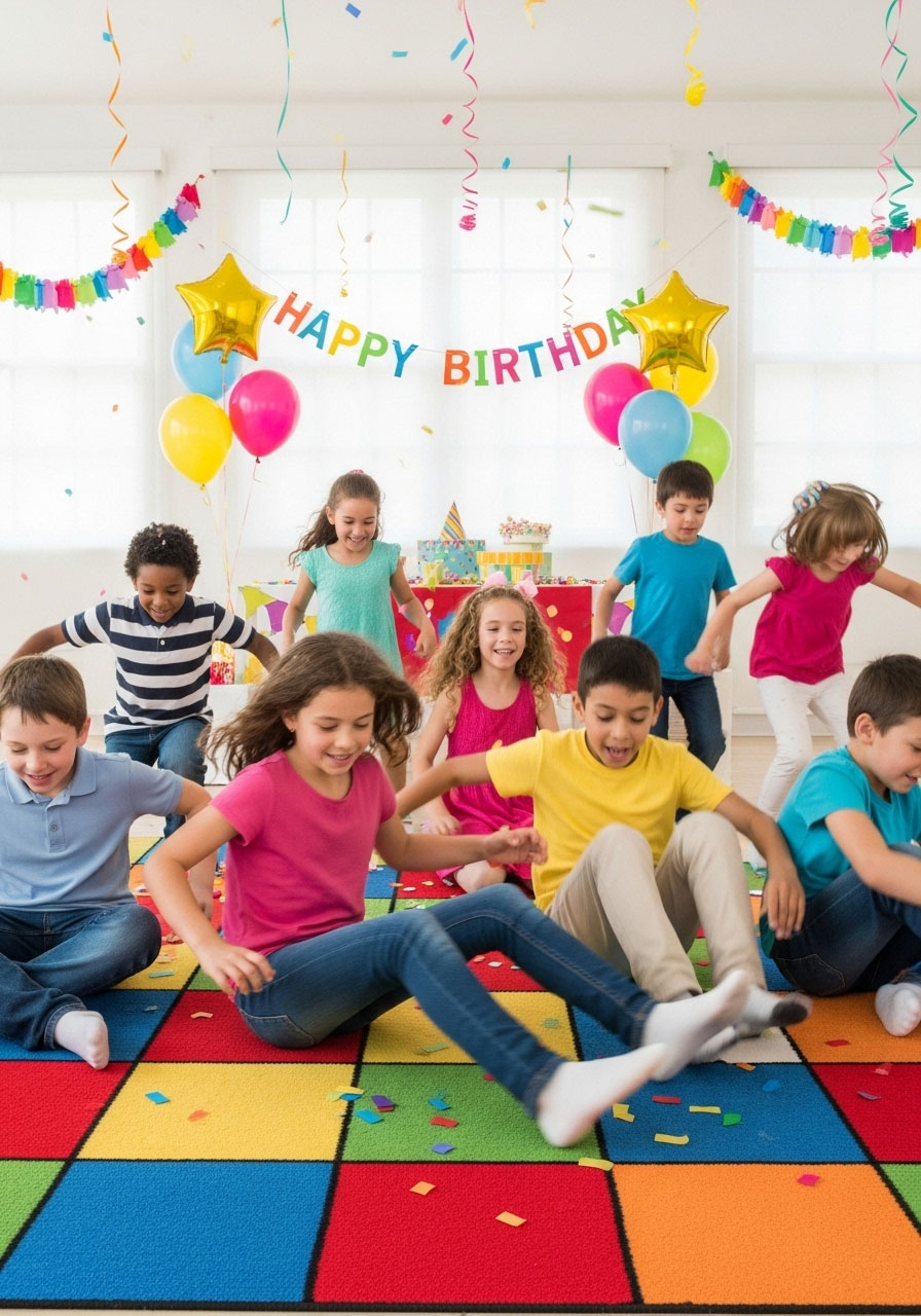 Kids sitting down quickly during musical bobs game at indoor birthday celebration