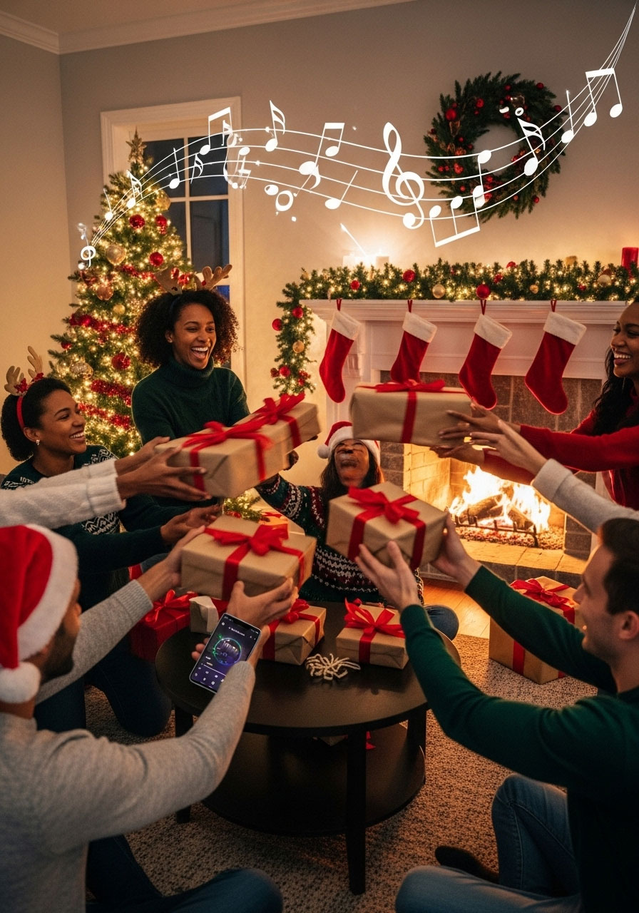 Group passing wrapped Christmas gifts in circle during musical gifts exchange game like musical chairs at party