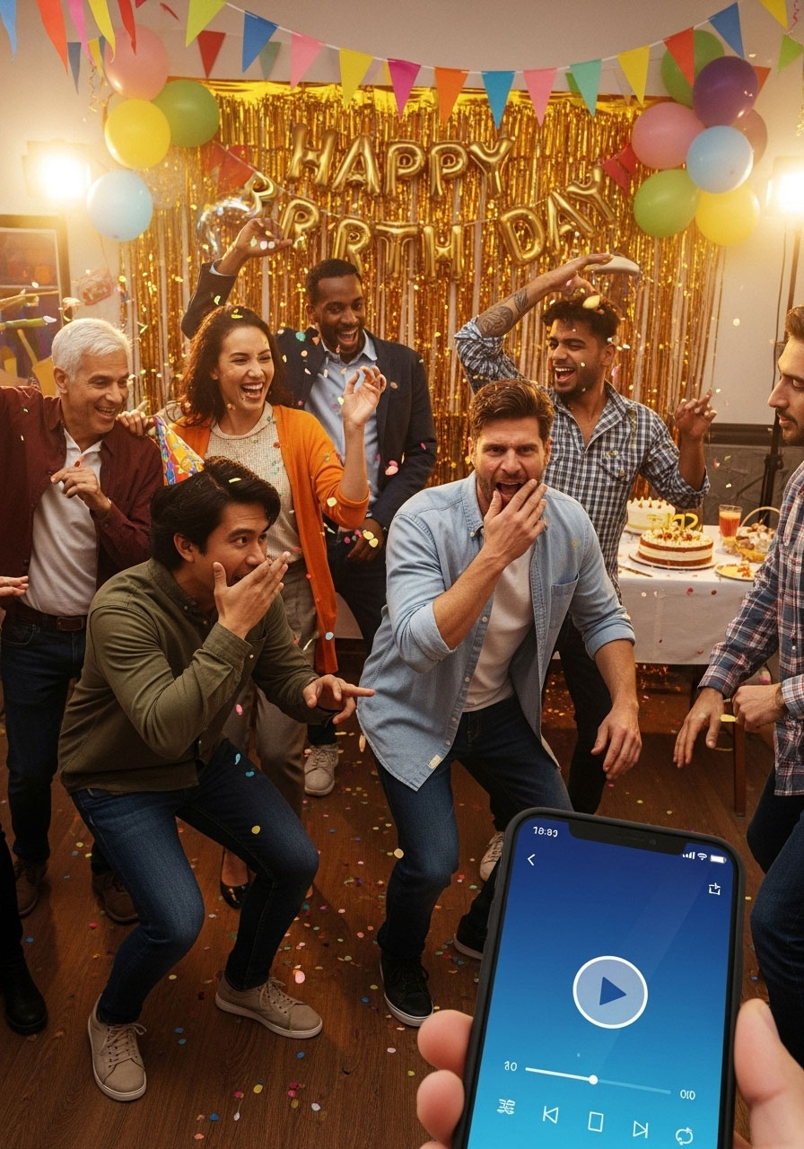 Players frozen in dancing poses during Musical Statues freeze dance birthday party game