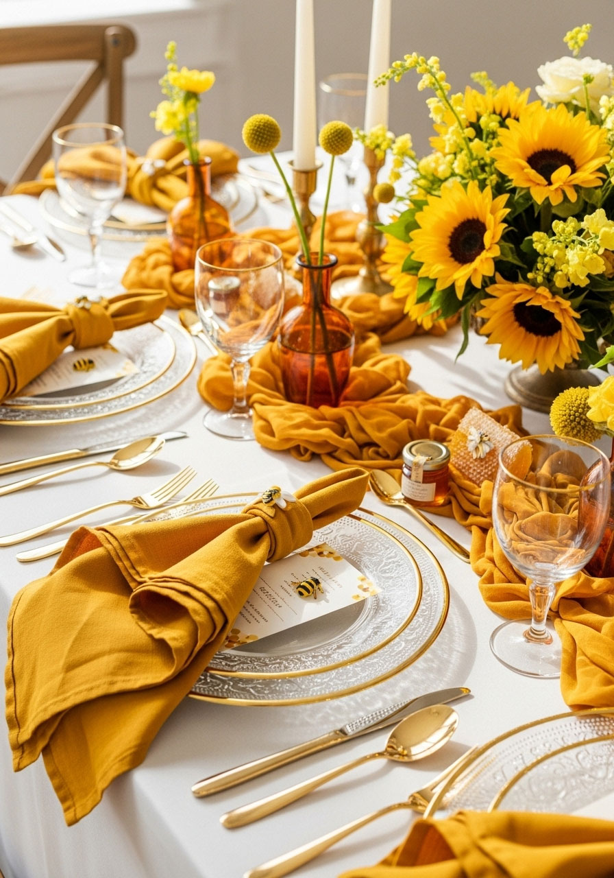 Mustard yellow cloth napkins as elegant baby shower table setting detail for bee theme