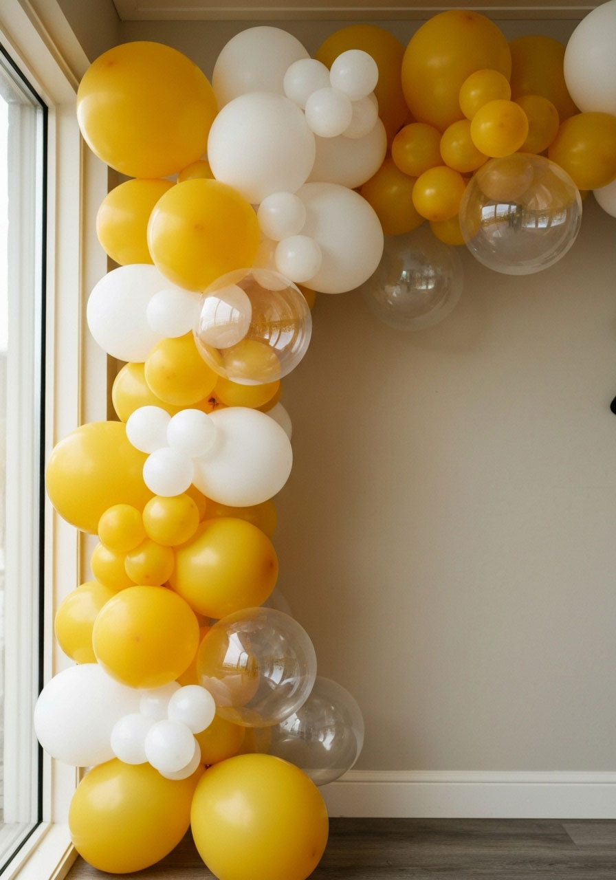 Mustard yellow white and clear balloon garland in bee colors for baby shower backdrop