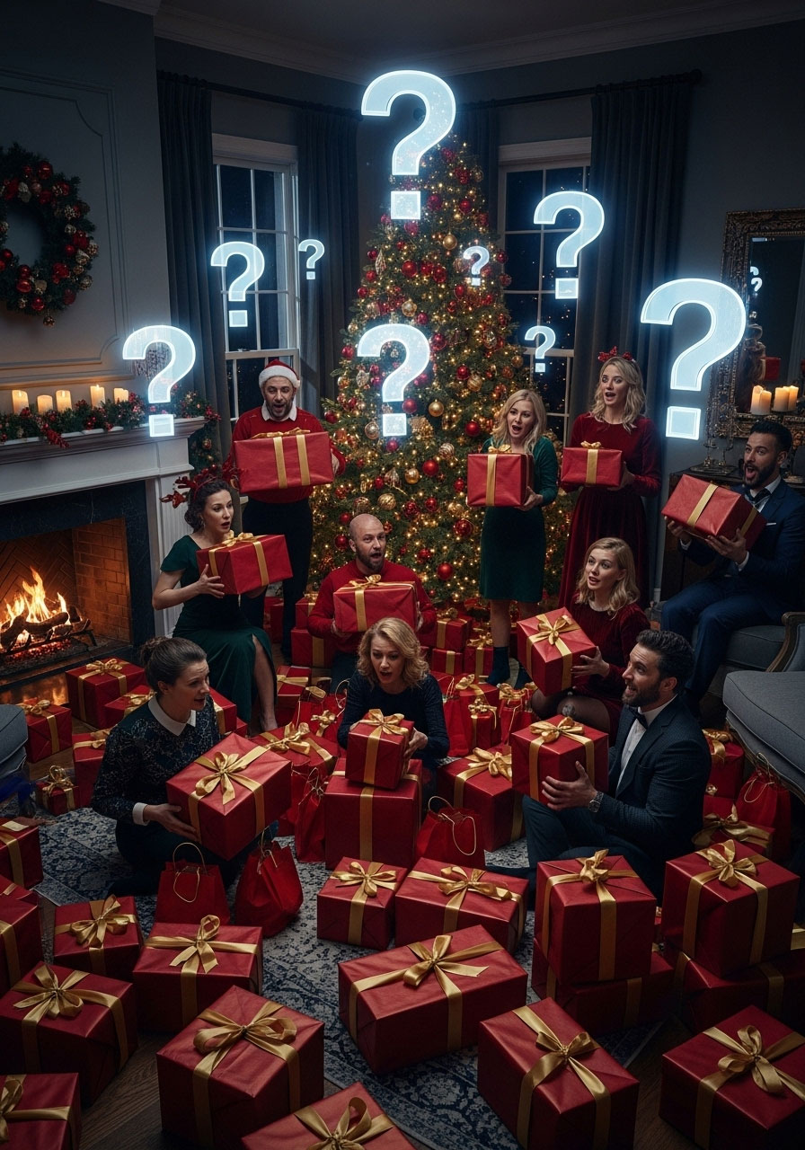 Identical wrapped mystery gift boxes for suspenseful blind Christmas gift exchange game where no one knows contents