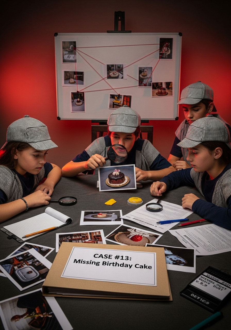 Teens investigating detective mystery case clues at themed birthday scavenger hunt station