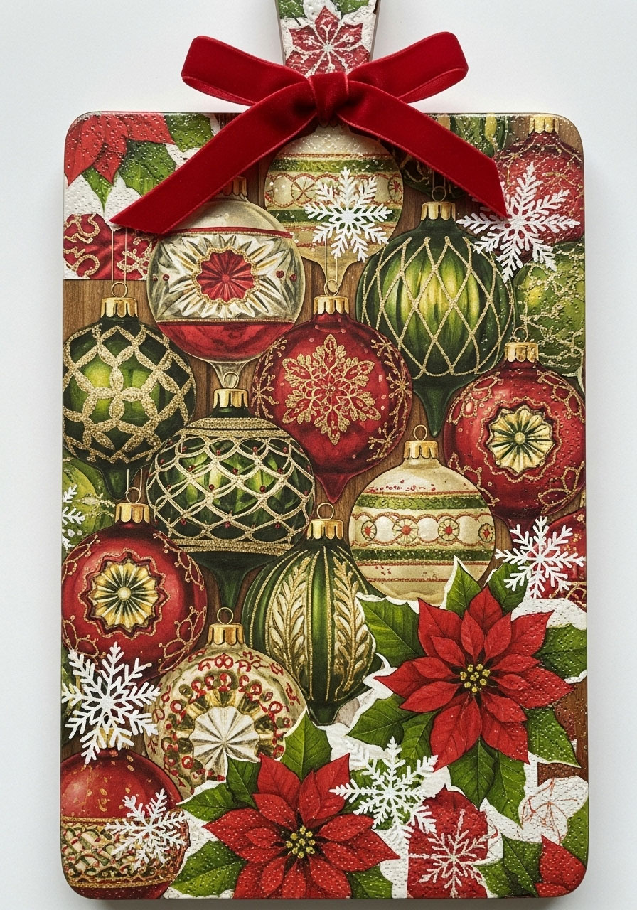 Christmas napkin transfer collage on Dollar Tree cutting board with layered decoupage ornaments and snowflakes