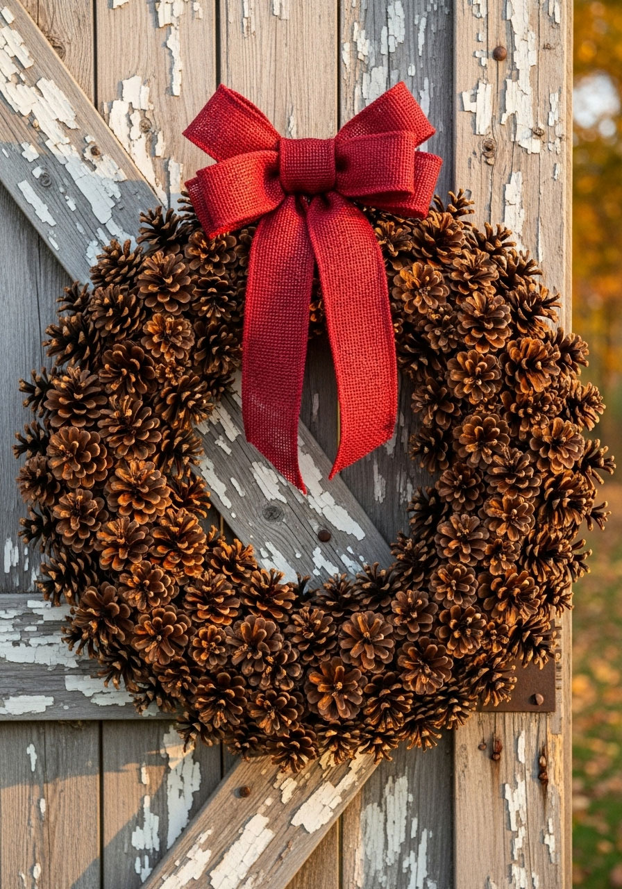 Rustic pinecone wreath made with natural overlapping pinecones hanging on wooden door for farmhouse Christmas decoration