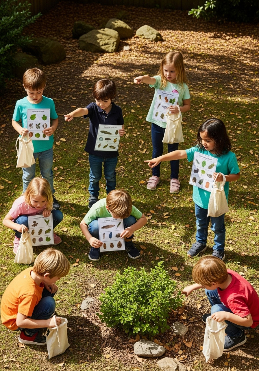 Kindergarten children searching for nature items with bags during outdoor birthday scavenger hunt