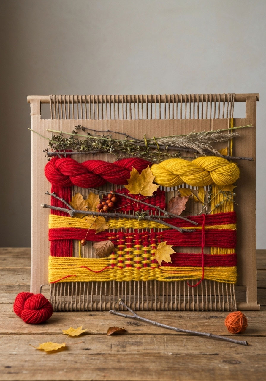 Nature weaving fall craft with leaves and twigs for children