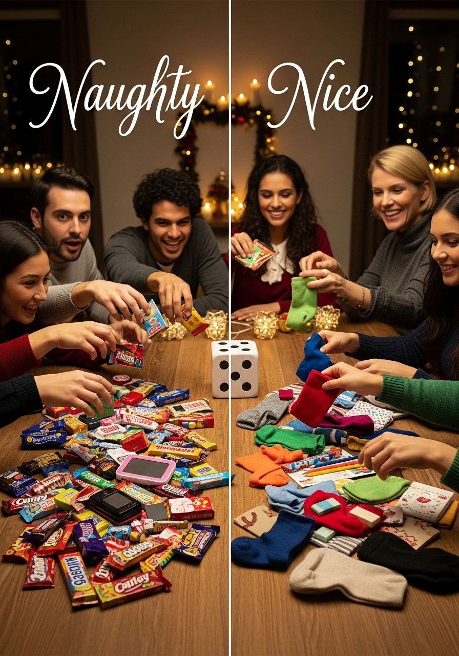 Naughty or nice behavior dice game: players choosing between prize piles based on dice rolls at holiday party