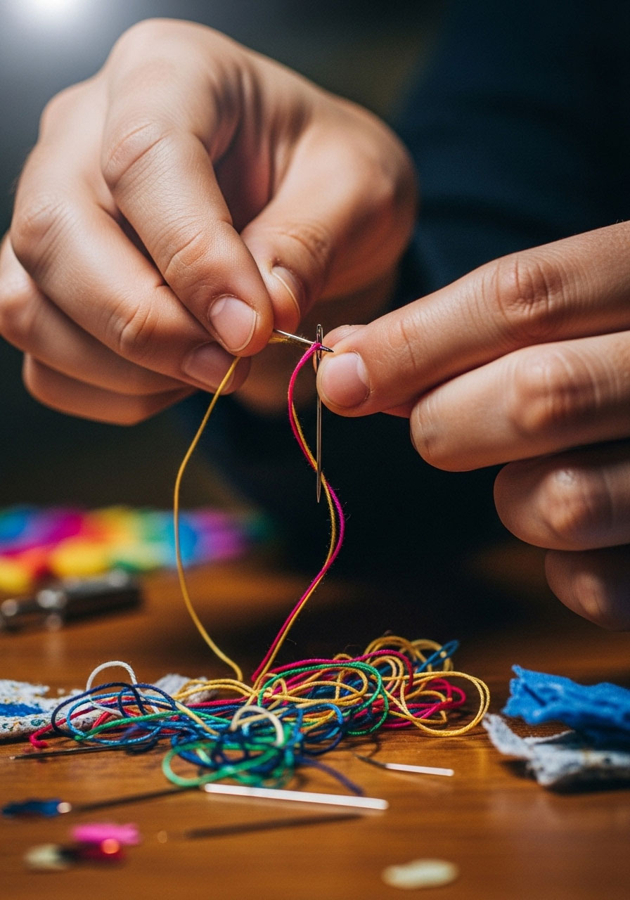 Hands threading sewing needles with colorful thread for minute to win it birthday party challenge