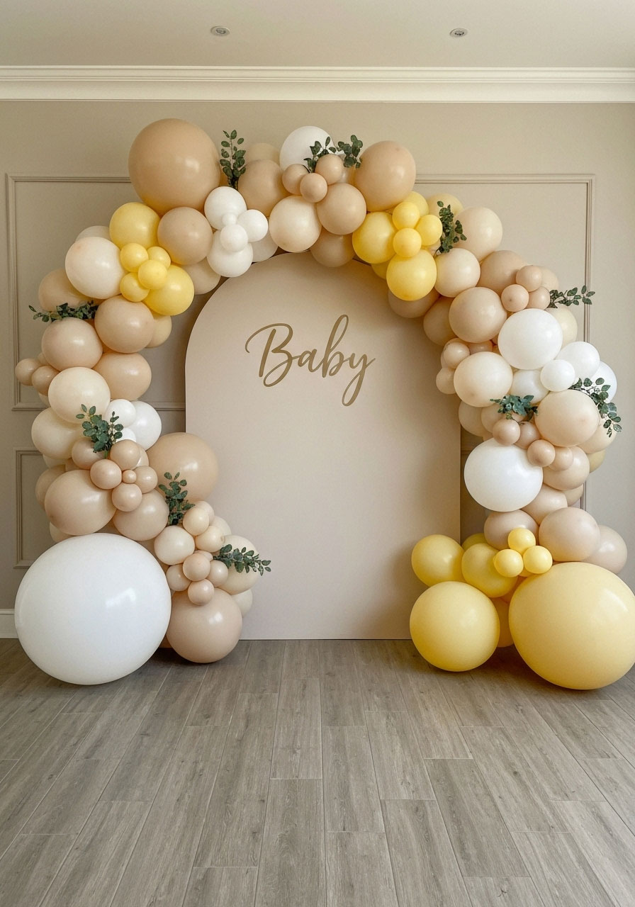 Neutral cream beige and soft yellow balloon garland arch for honeybee baby shower photos