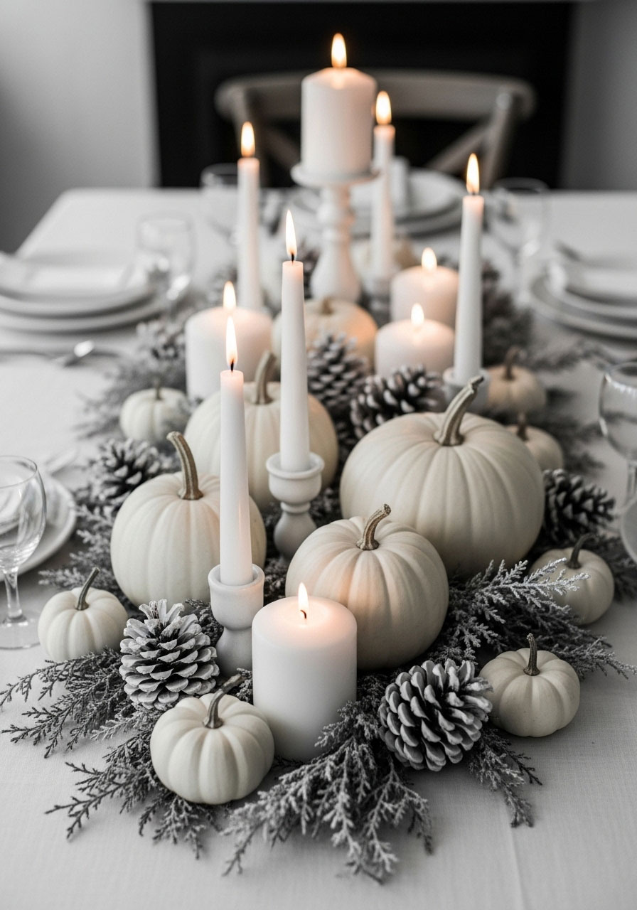 Elegant neutral Christmas centerpiece with white candles, pumpkins, bleached pinecones and frosted greenery