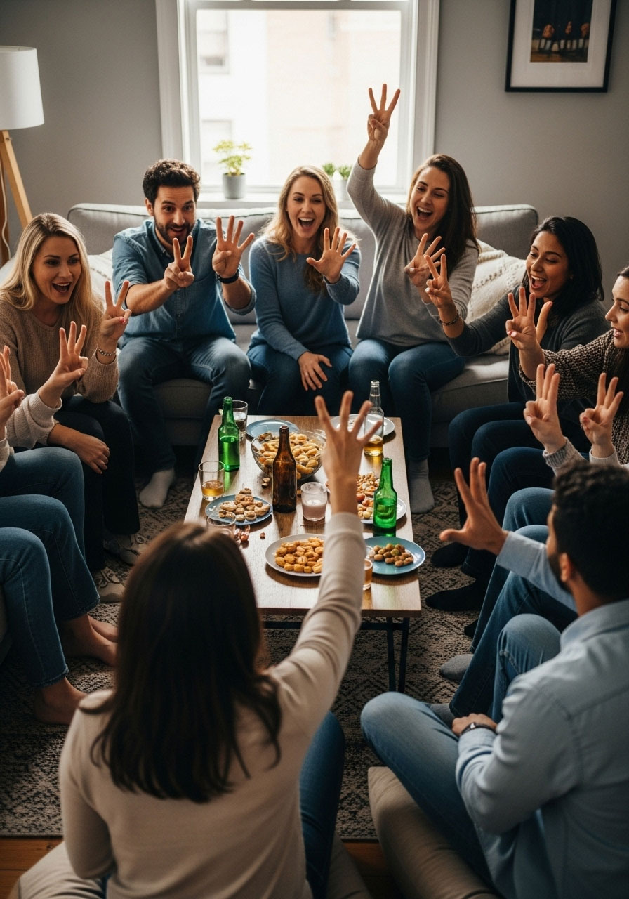 Adults playing Never Have I Ever game in circle at birthday party with drinks