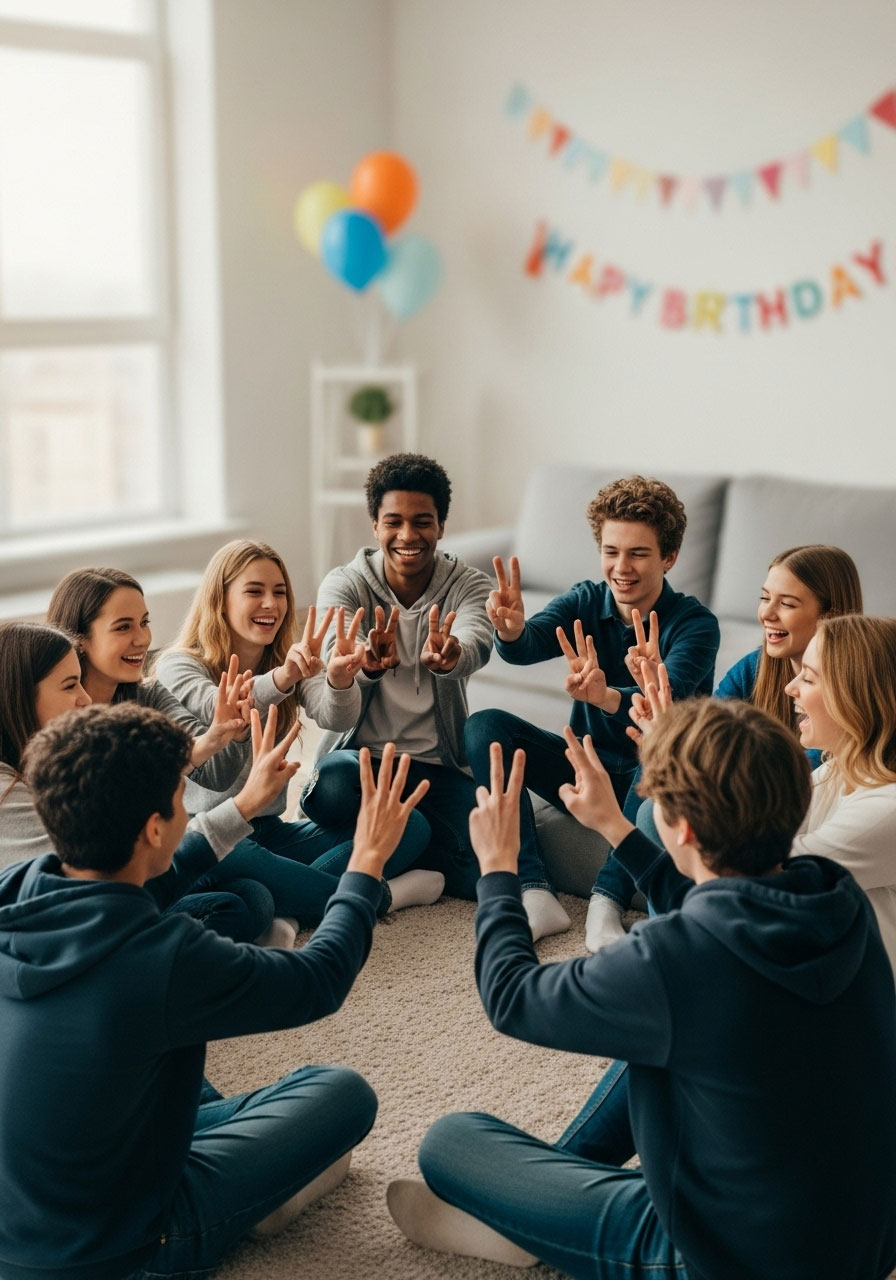 Teenagers playing Never Have I Ever finger game in circle at party