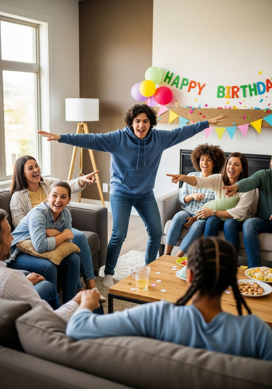 Adults playing charades at birthday party with friends guessing and laughing in living room