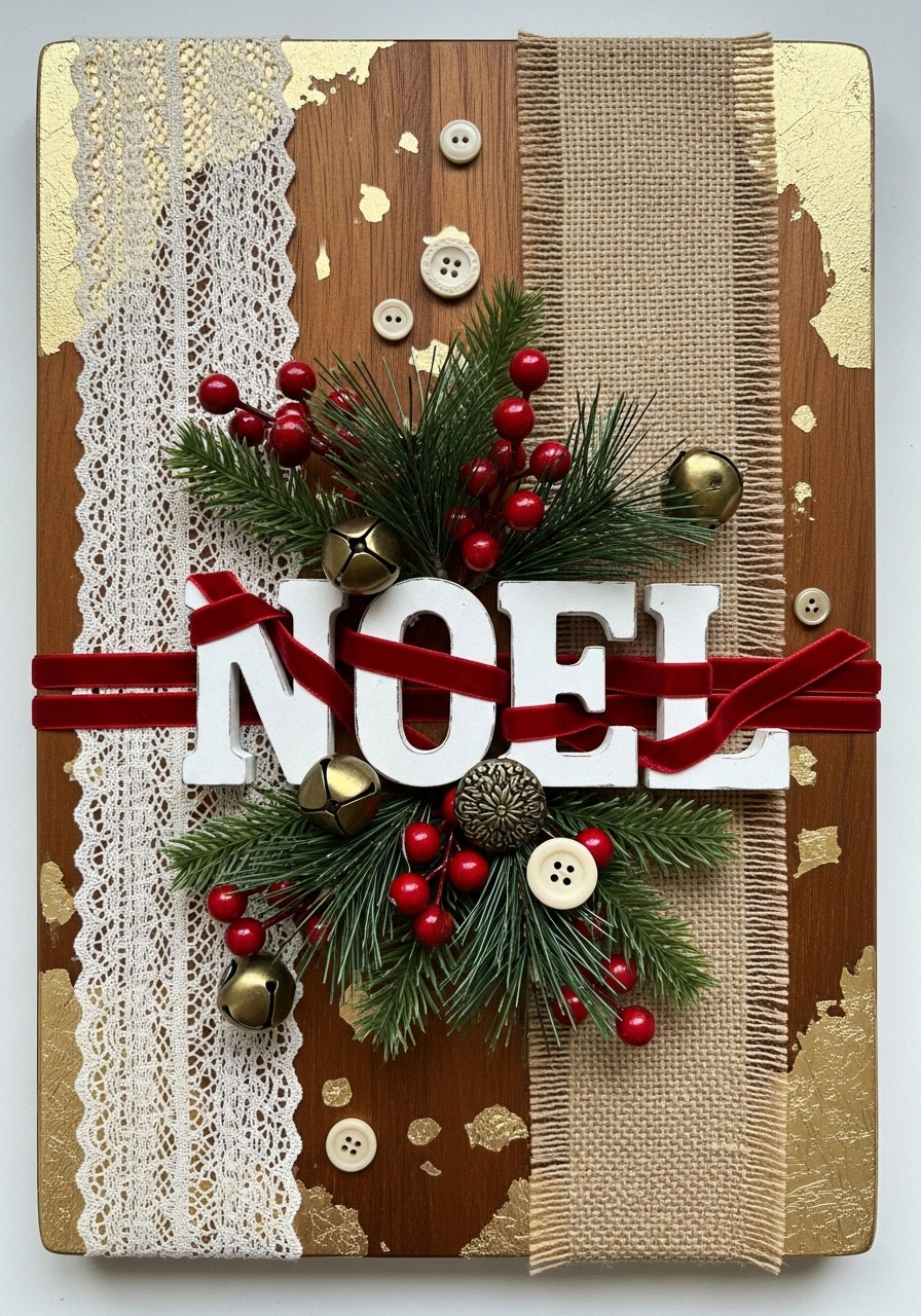 Mixed media NOEL Dollar Tree cutting board with dimensional letters lace burlap and bell embellishments for statement Christmas decor