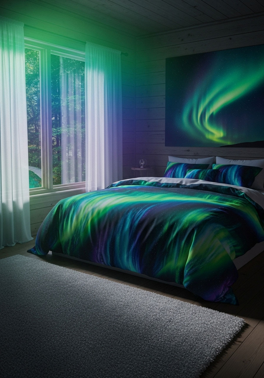 Cabin bedroom decorated with aurora borealis theme featuring colored LED lights, sheer curtains, and Northern lights inspired decor