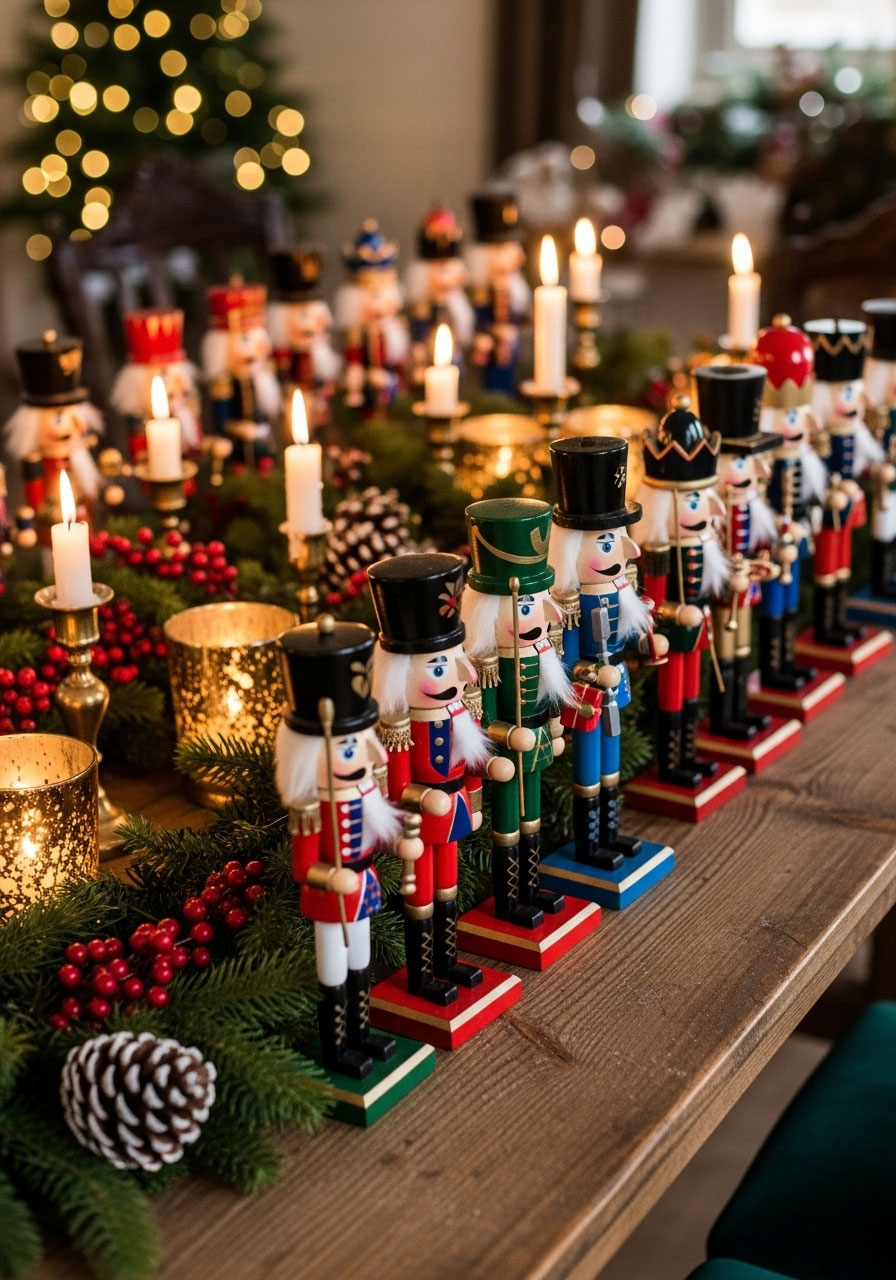 Nutcracker brigade Christmas centerpiece with colorful soldier collection and greenery display